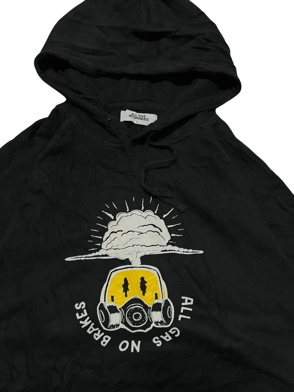 Premier Vintage black cotton graphic hoodie with smiley face, gas mask, and "ALL GAS NO BRAKES" text.