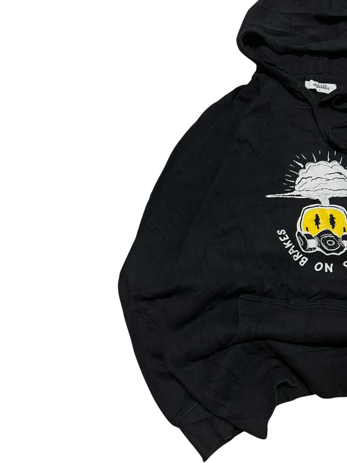 Premier Vintage black cotton graphic hoodie with smiley face wearing gas mask and "ALL GAS NO BRAKES" text.