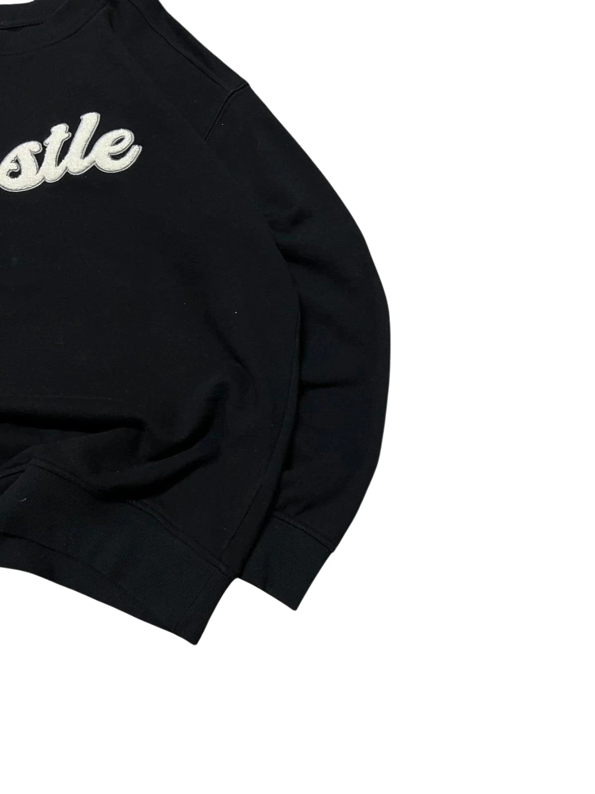 Premier Vintage black crewneck sweatshirt with white embroidered lettering, long sleeves, and relaxed fit.