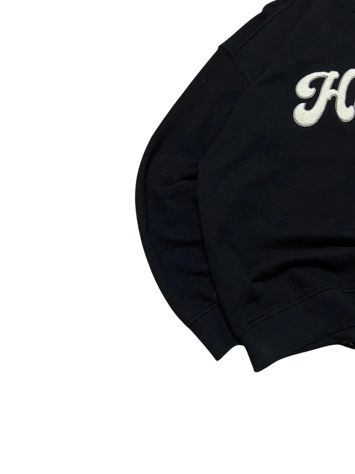 Premier Vintage black crewneck sweatshirt with white embroidered lettering, long sleeves, and relaxed fit.
