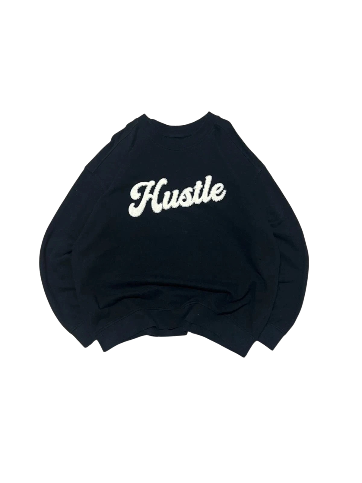 Premier Vintage black crewneck sweatshirt with white embroidered 'Hustle' graphic. Relaxed fit, long sleeves, and soft fabric.