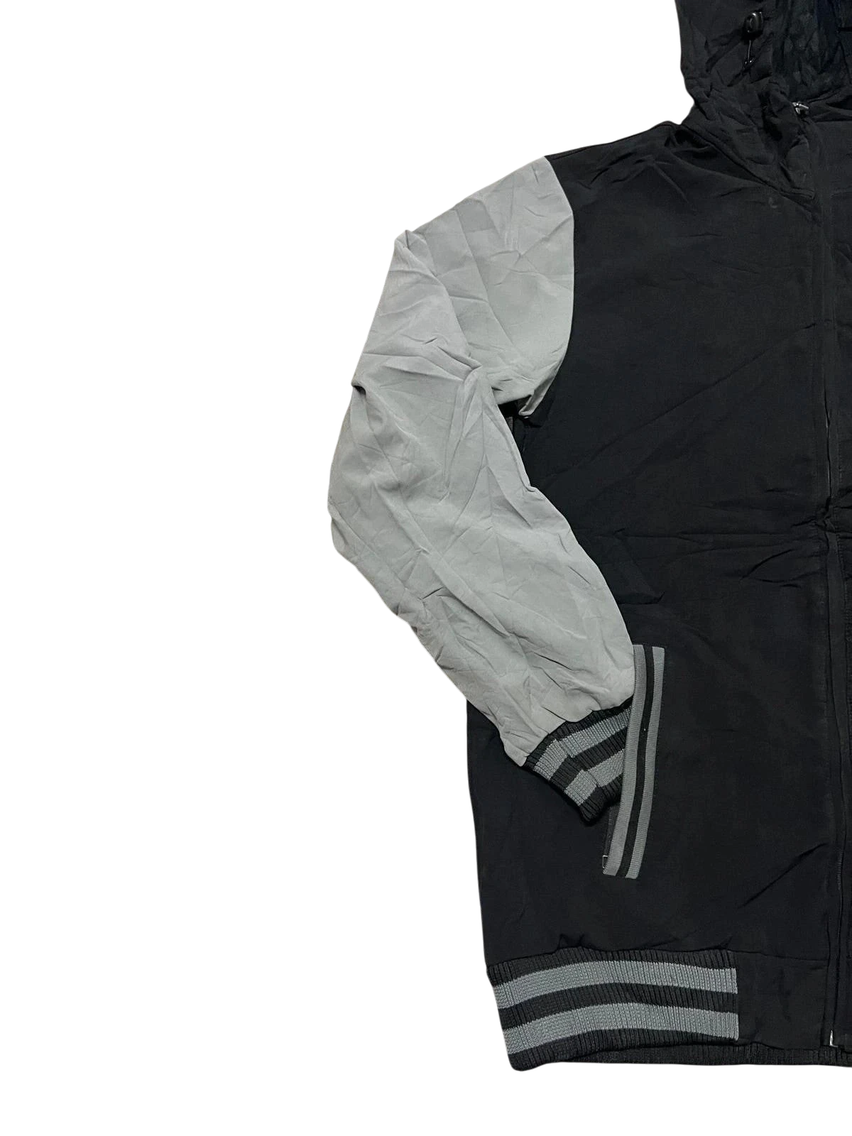 Premier Vintage black and grey hooded varsity jacket with contrasting light grey sleeves and ribbed cuffs and hem.