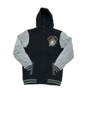 Premier Vintage black and grey hooded varsity jacket with embroidered Neff logo patch on chest and ribbed cuffs.