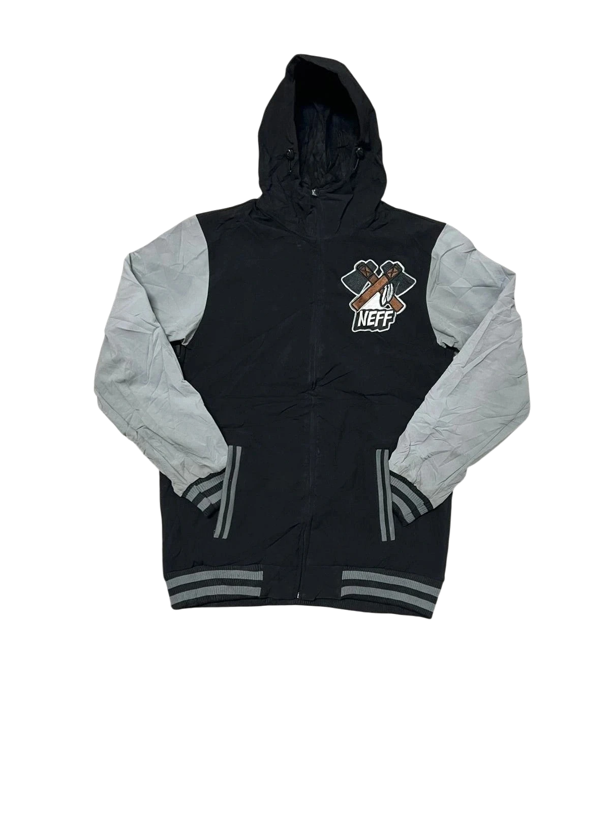 Premier Vintage black and grey hooded varsity jacket with embroidered Neff logo patch on chest and ribbed cuffs.