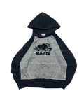 Premier Vintage black and grey raglan sleeve hoodie with Roots beaver logo on chest. Soft blend, casual fit.