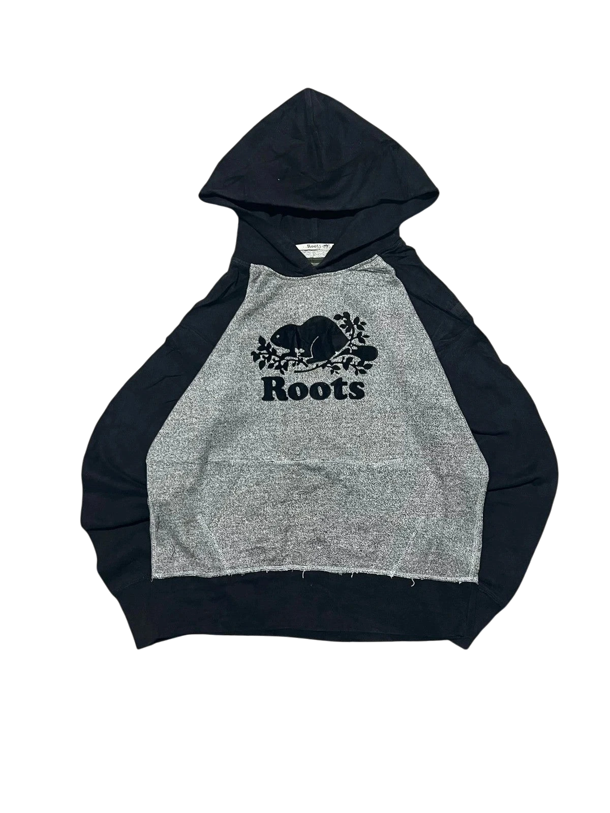 Premier Vintage black and grey raglan sleeve hoodie with Roots beaver logo on chest. Soft blend, casual fit.