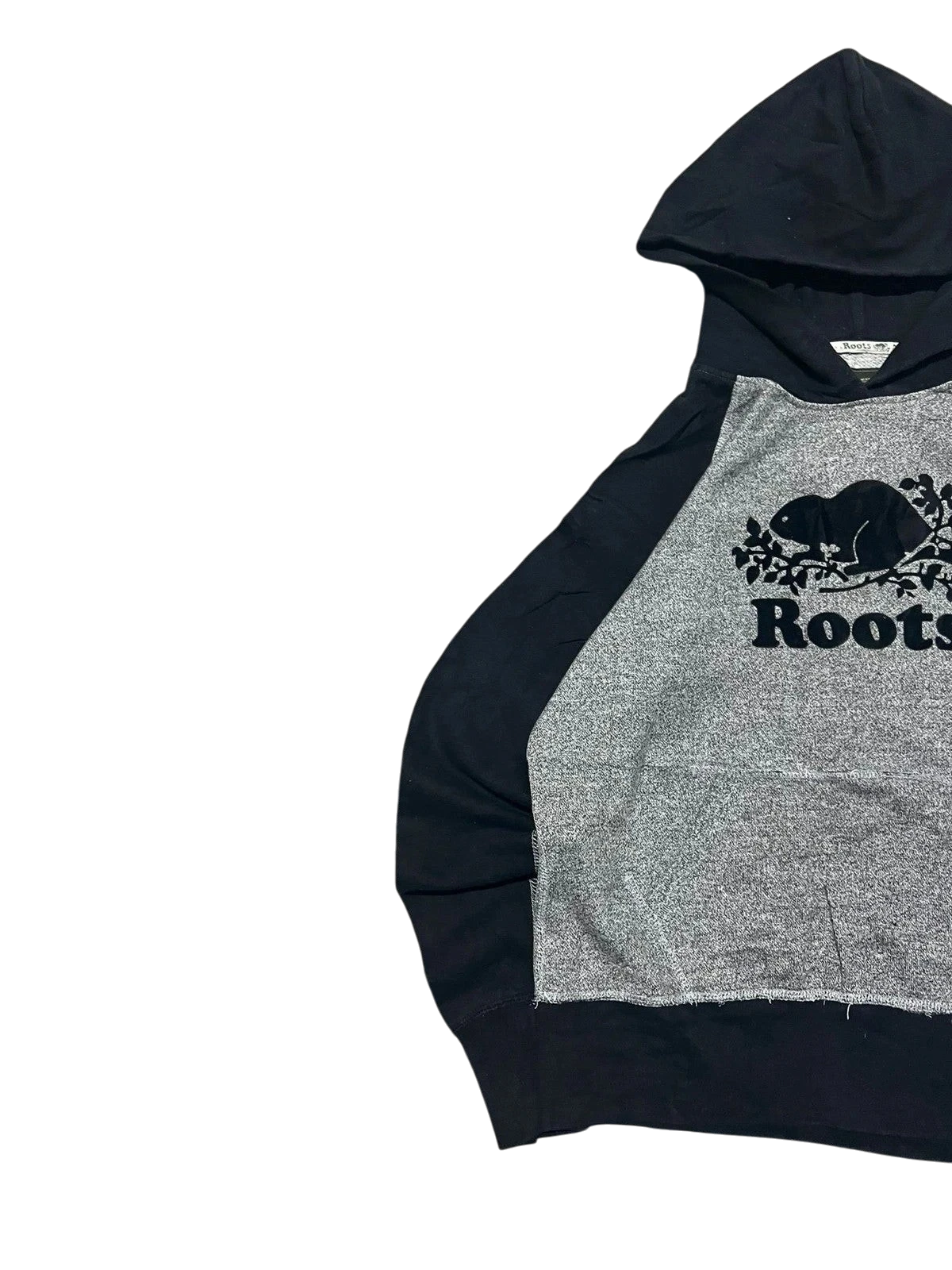 Premier Vintage black and grey raglan sleeve hoodie with Roots beaver logo on chest. Soft cotton blend.