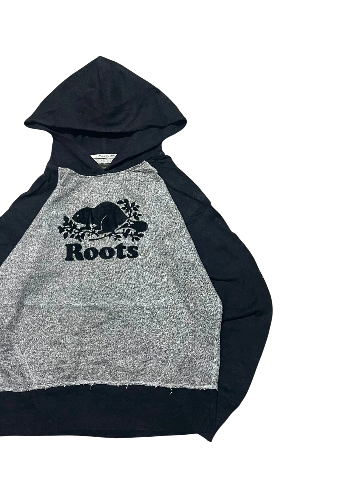 Premier Vintage black and grey raglan sleeve hoodie with Roots beaver logo on chest. Soft cotton blend, casual style.
