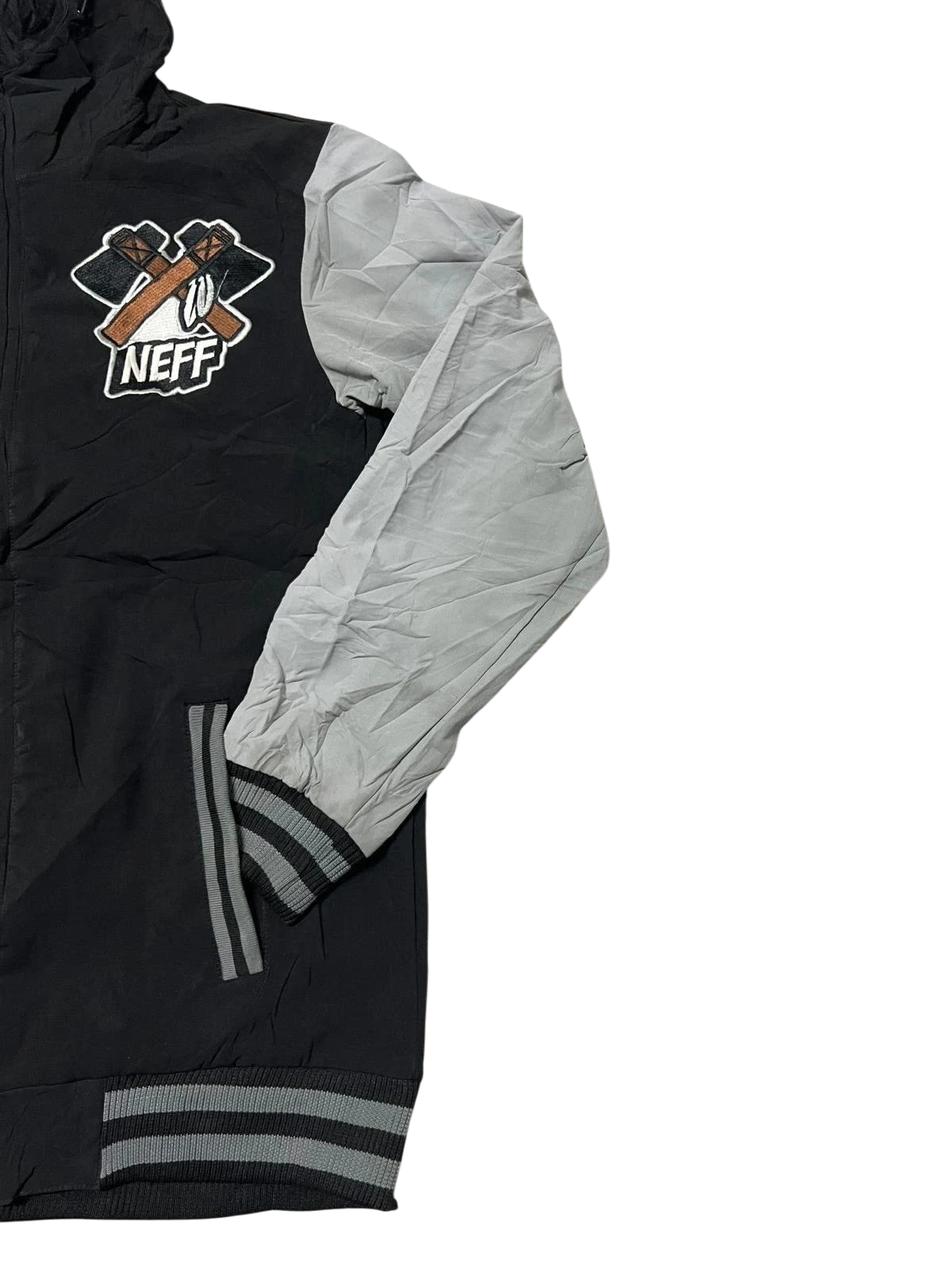 Premier Vintage black hooded jacket with light grey sleeves, ribbed cuffs and hem, and embroidered Neff logo patch.