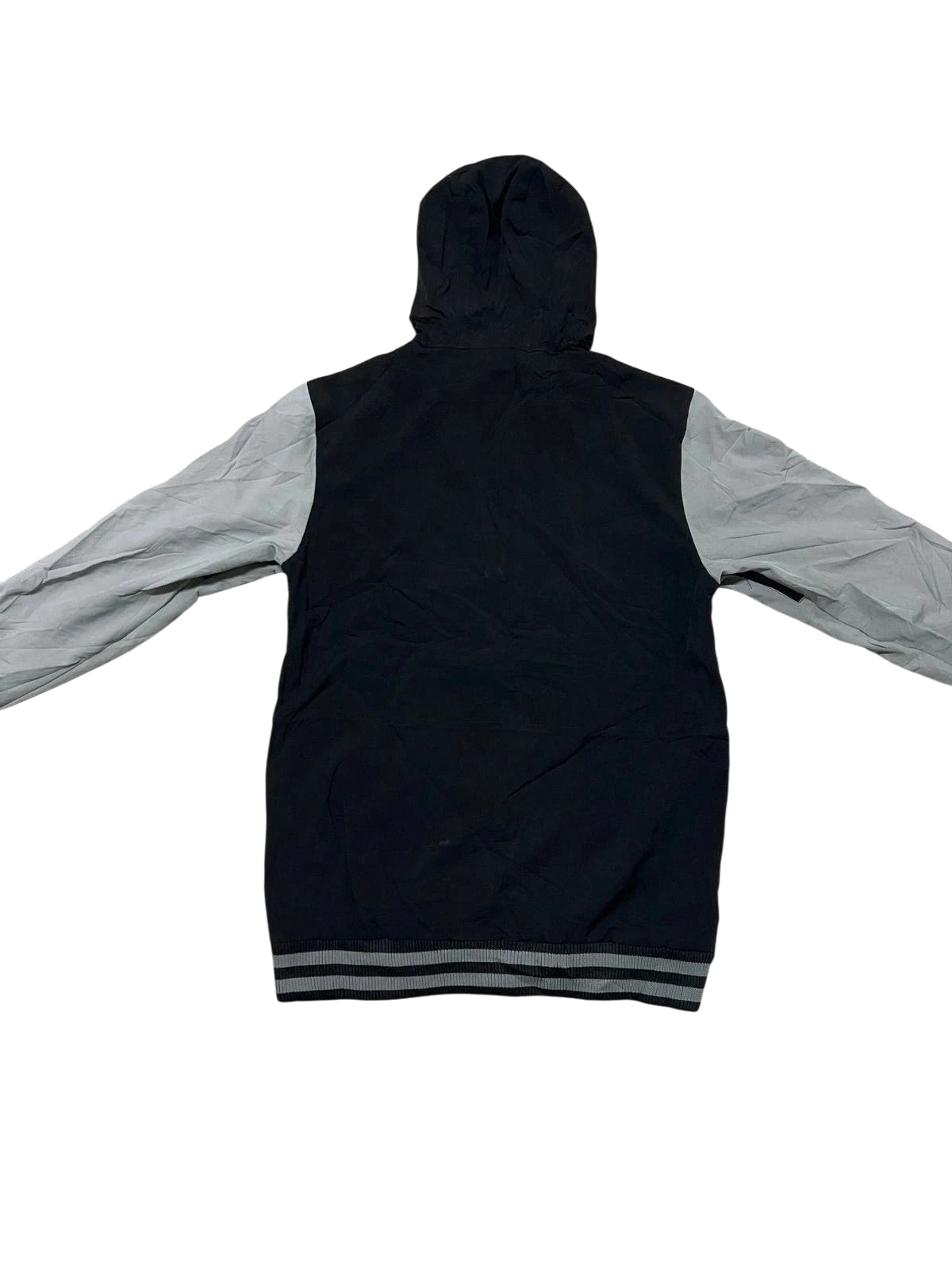 Premier Vintage black and grey varsity hooded jacket with light grey sleeves and ribbed hem.