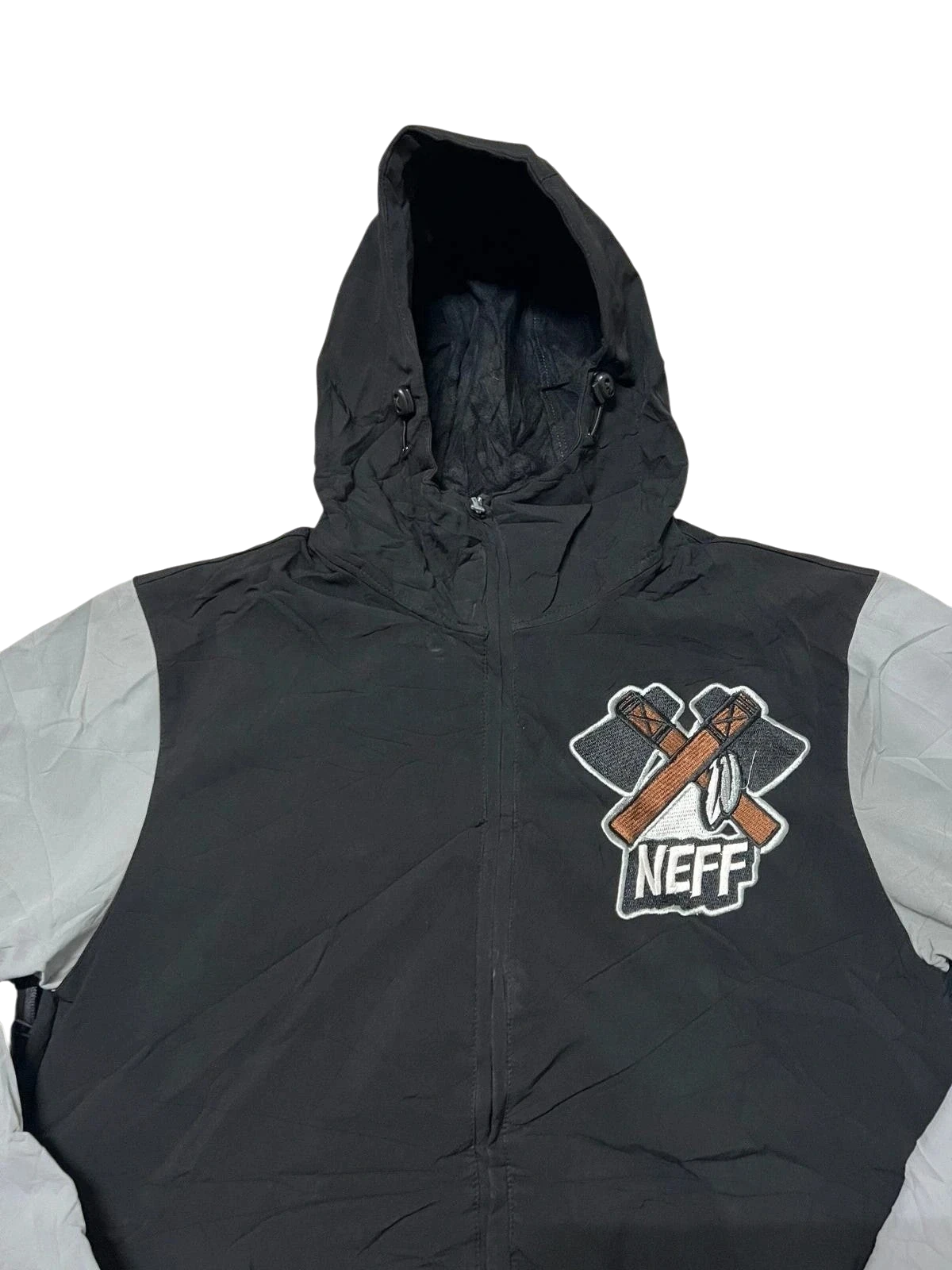 Premier Vintage black and grey hooded varsity jacket with embroidered Neff logo patch on chest.