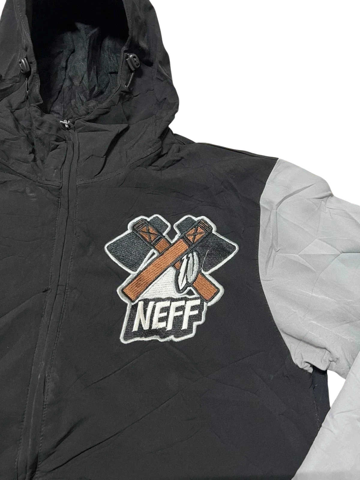 Premier Vintage black and grey hooded varsity jacket with embroidered Neff logo patch on chest.