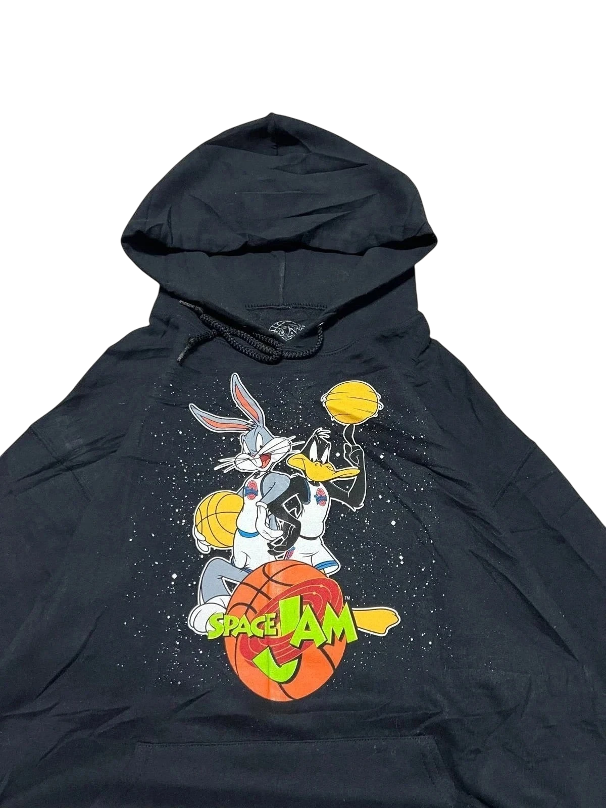 Premier Vintage black cotton blend Space Jam graphic pullover hoodie with Bugs Bunny and Daffy Duck, size M.