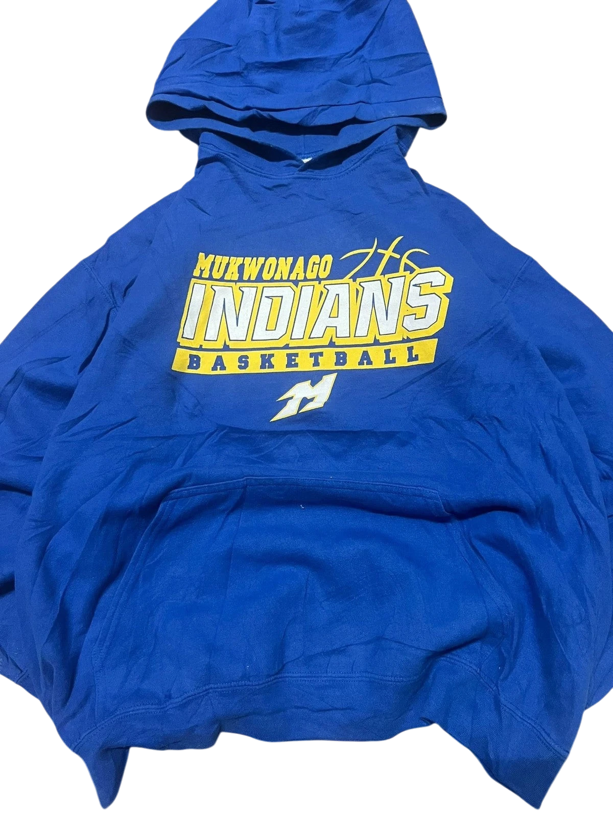 Premier Vintage blue cotton pullover hoodie with Mukwonago Indians basketball graphic. Features a hood and front pocket.