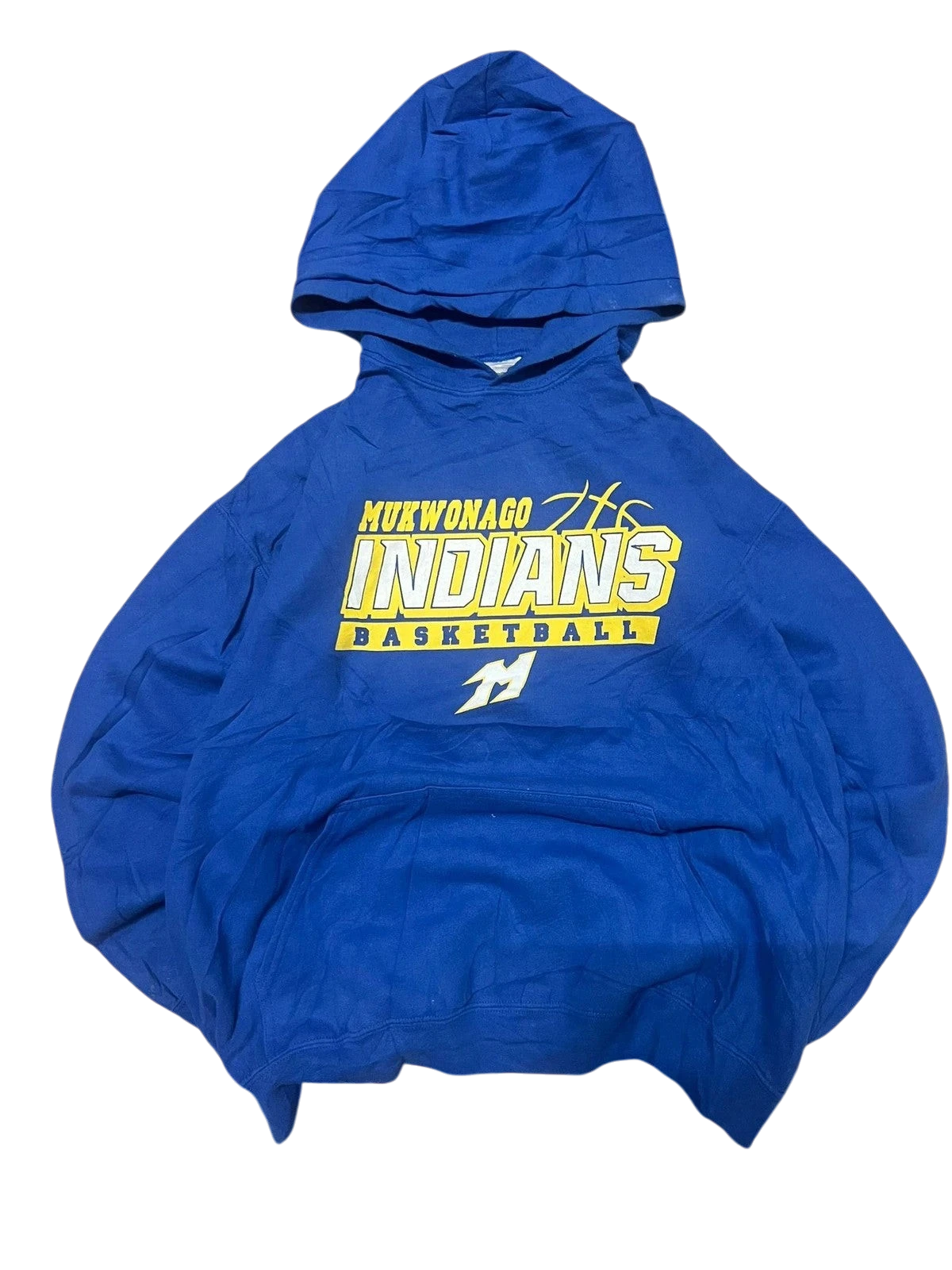 Premier Vintage blue cotton basketball hoodie with Mukwonago Indians graphic and basketball motif. Pullover style with front pocket.