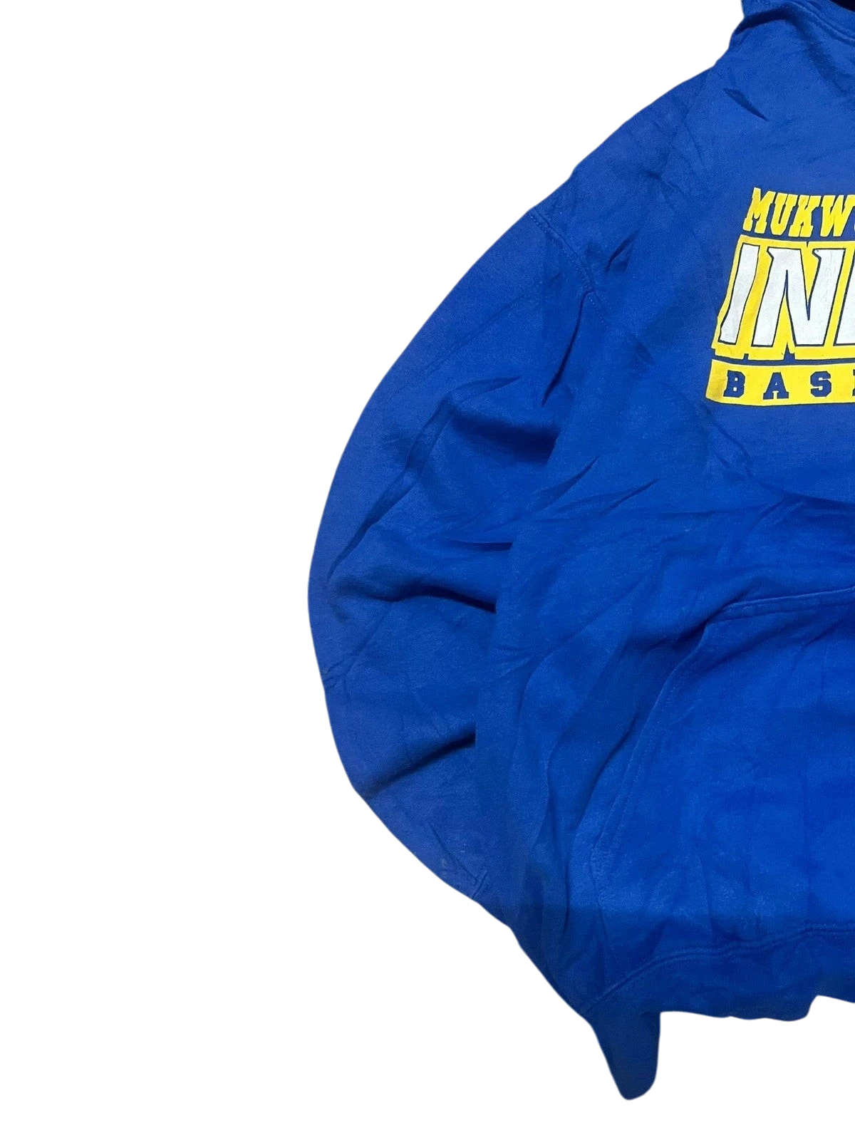Premier Vintage blue cotton blend Mukwonago Indians basketball hoodie with graphic print. Pullover style with hood.