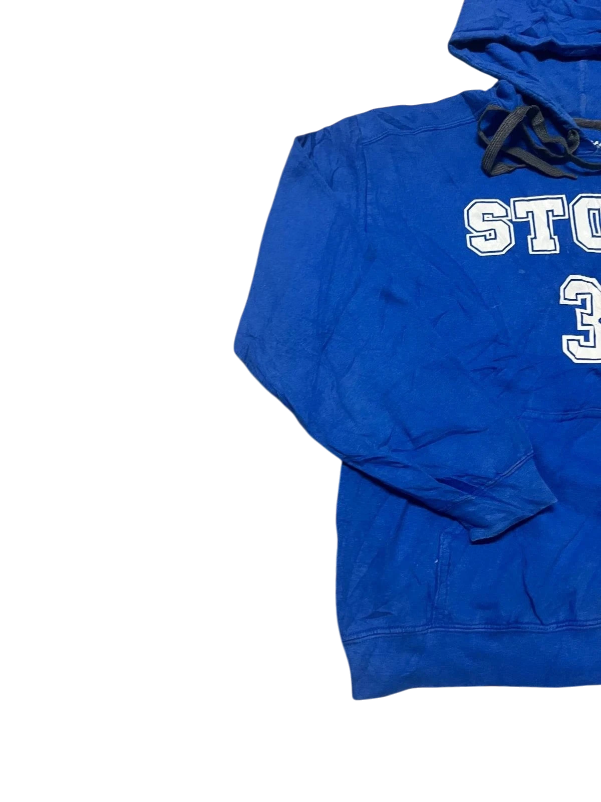 Premier Vintage blue cotton pullover hoodie with drawstring hood and "STORM 30" graphic on chest.