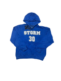 Premier Vintage blue cotton pullover hoodie with drawstring hood, front pocket, and bold "STORM 30" graphic on chest.