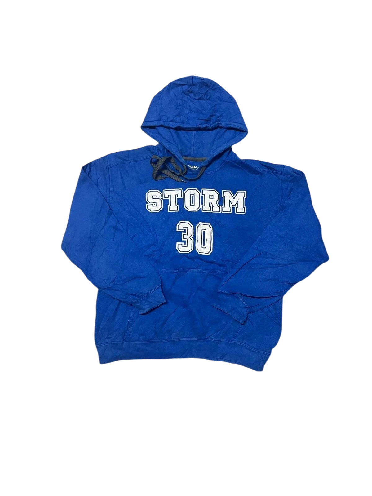 Premier Vintage blue cotton pullover hoodie with drawstring hood, front pocket, and bold "STORM 30" graphic on chest.