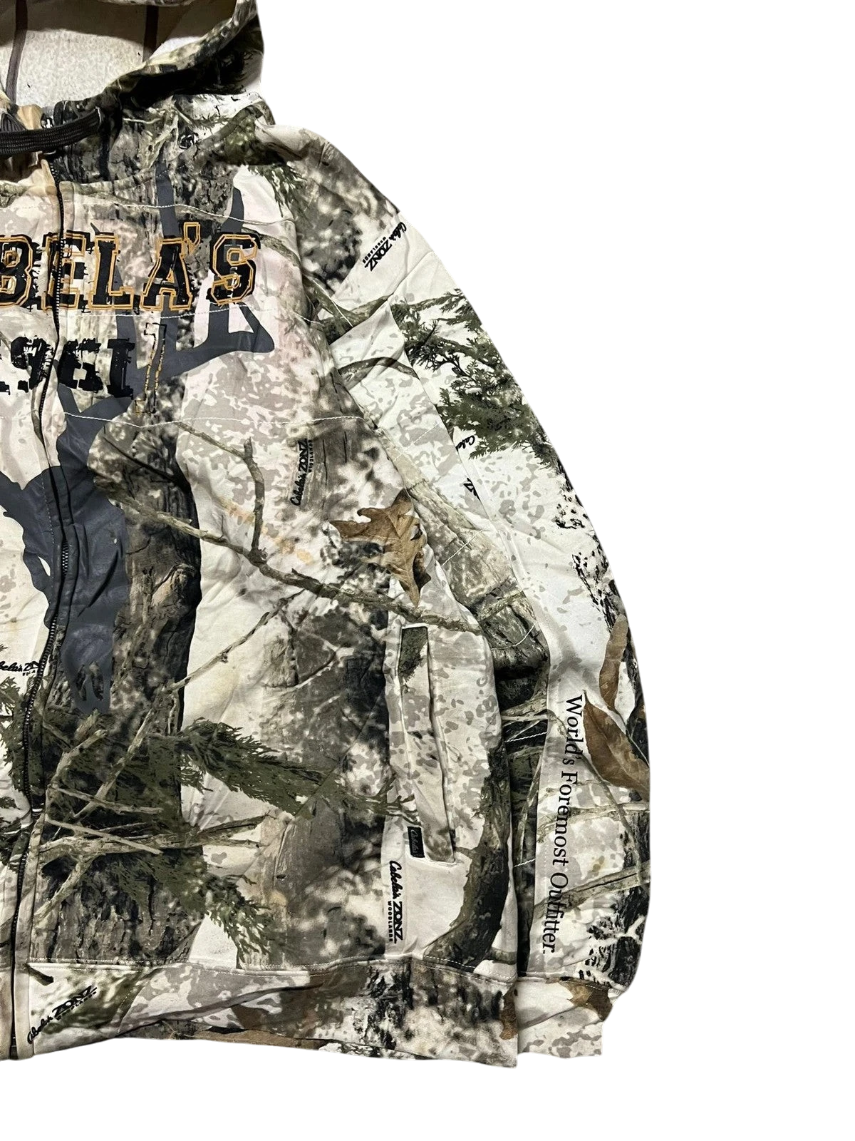 Premier Vintage Cabela's camouflage full zip hoodie with woodland pattern in green, brown, and white. Features a hood and durable material.