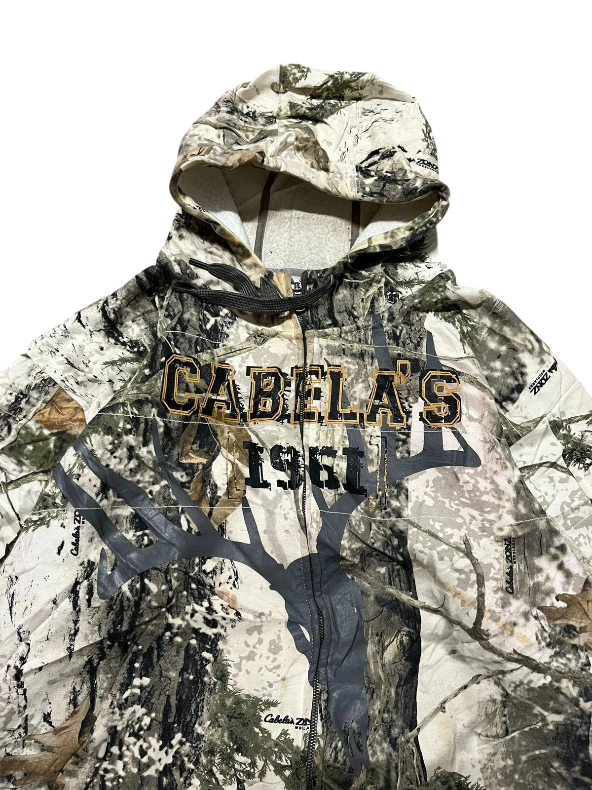 Premier Vintage Cabela's camouflage full zip hoodie with woodland pattern, 1961 graphic, and attached hood.