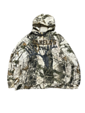 Premier Vintage Cabela's 1961 camouflage full zip hoodie with hood. Realistic woodland pattern in green, brown, and white. Durable material, fleece-lined interior.