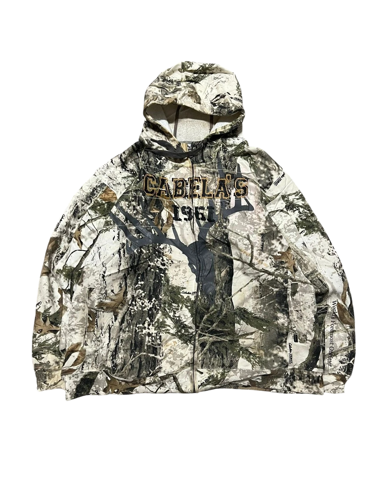 Premier Vintage Cabela's 1961 camouflage full zip hoodie with hood. Realistic woodland pattern in green, brown, and white. Durable material, fleece-lined interior.