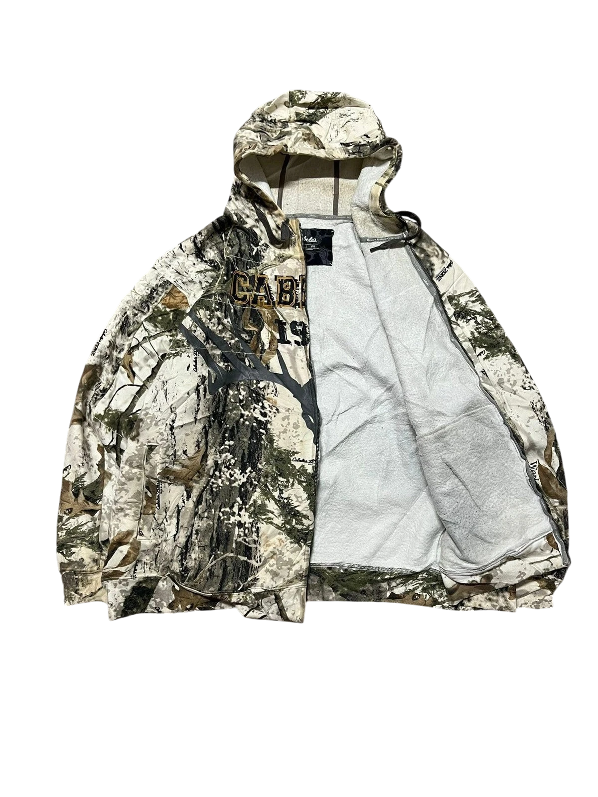 Premier Vintage Cabela's camouflage full zip hoodie with a fleece lining and attached hood. Realistic woodland pattern in green, brown, and white.
