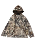 Premier Vintage camouflage hooded long sleeve pullover with adjustable drawstring and front pocket. Realistic woodland pattern.