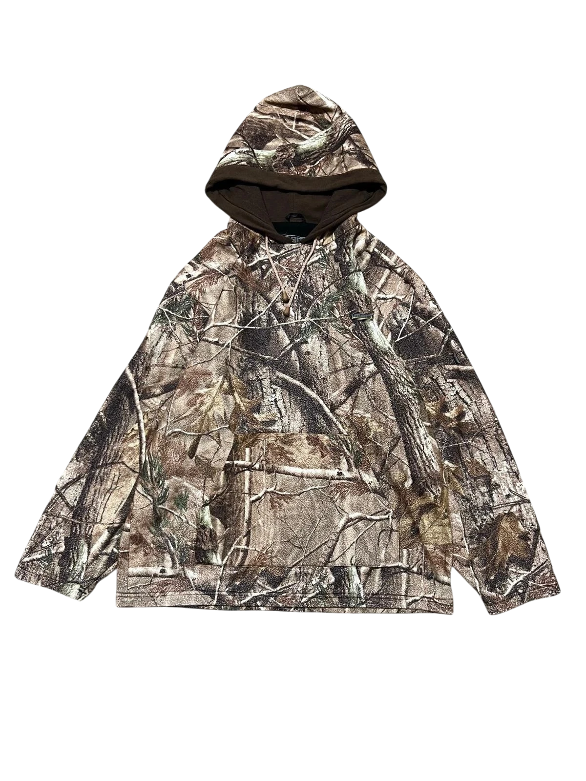 Premier Vintage camouflage hooded long sleeve pullover with adjustable drawstring and front pocket. Realistic woodland pattern.