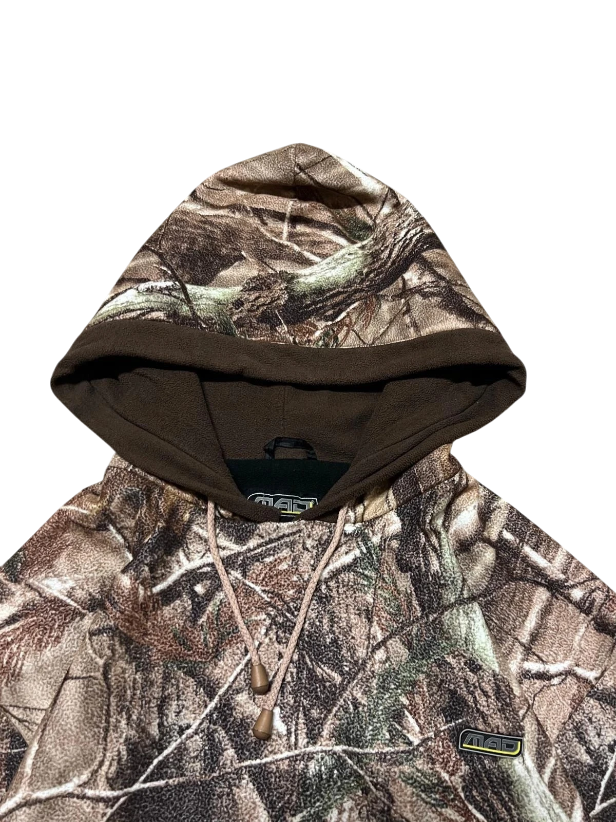 Premier Vintage camouflage hooded long sleeve pullover with adjustable drawstring and woodland pattern. Brown hood lining.