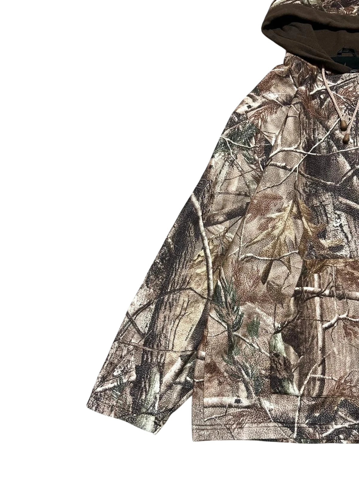 Premier Vintage camouflage hooded long sleeve pullover with realistic woodland pattern and adjustable drawstring.