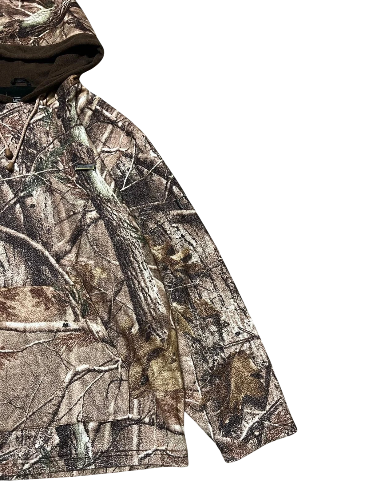 Premier Vintage camouflage hooded long sleeve pullover with realistic woodland pattern. Features adjustable drawstring hood and front pocket.