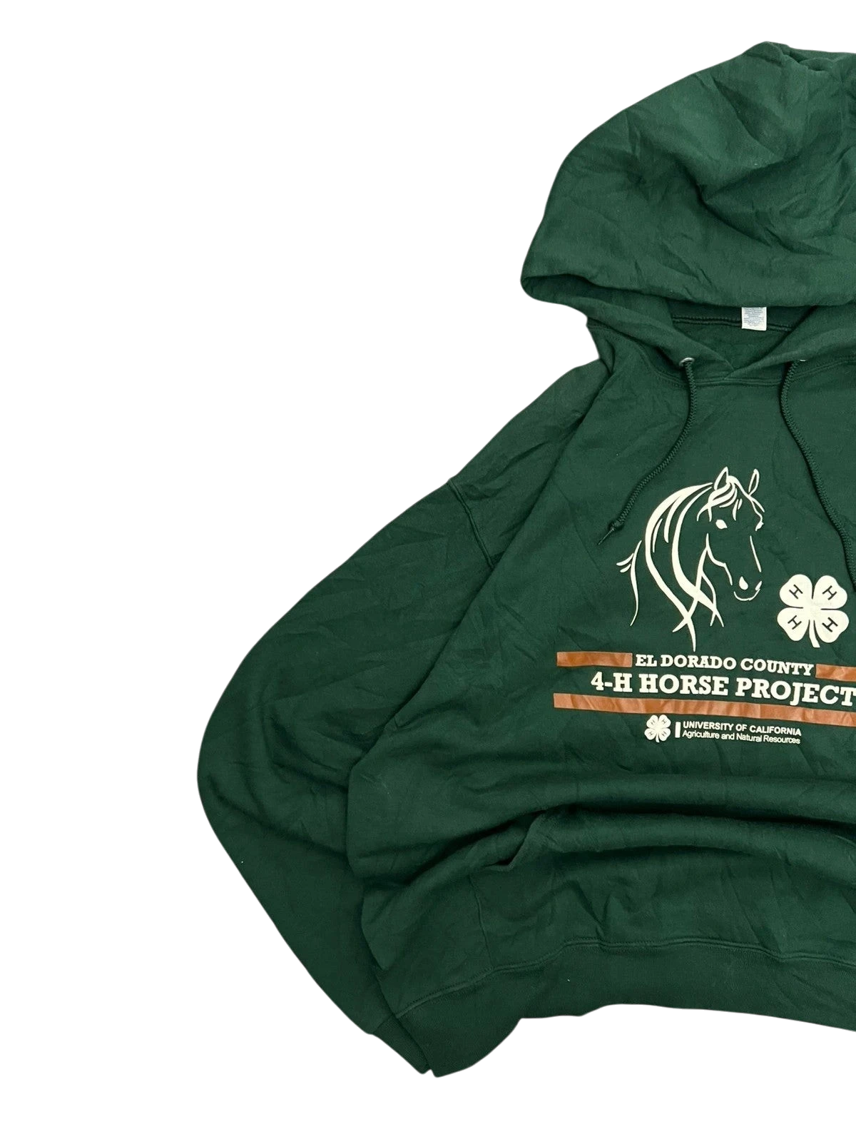 Premier Vintage green pullover hoodie with El Dorado County 4-H Horse Project graphic and horse illustration.