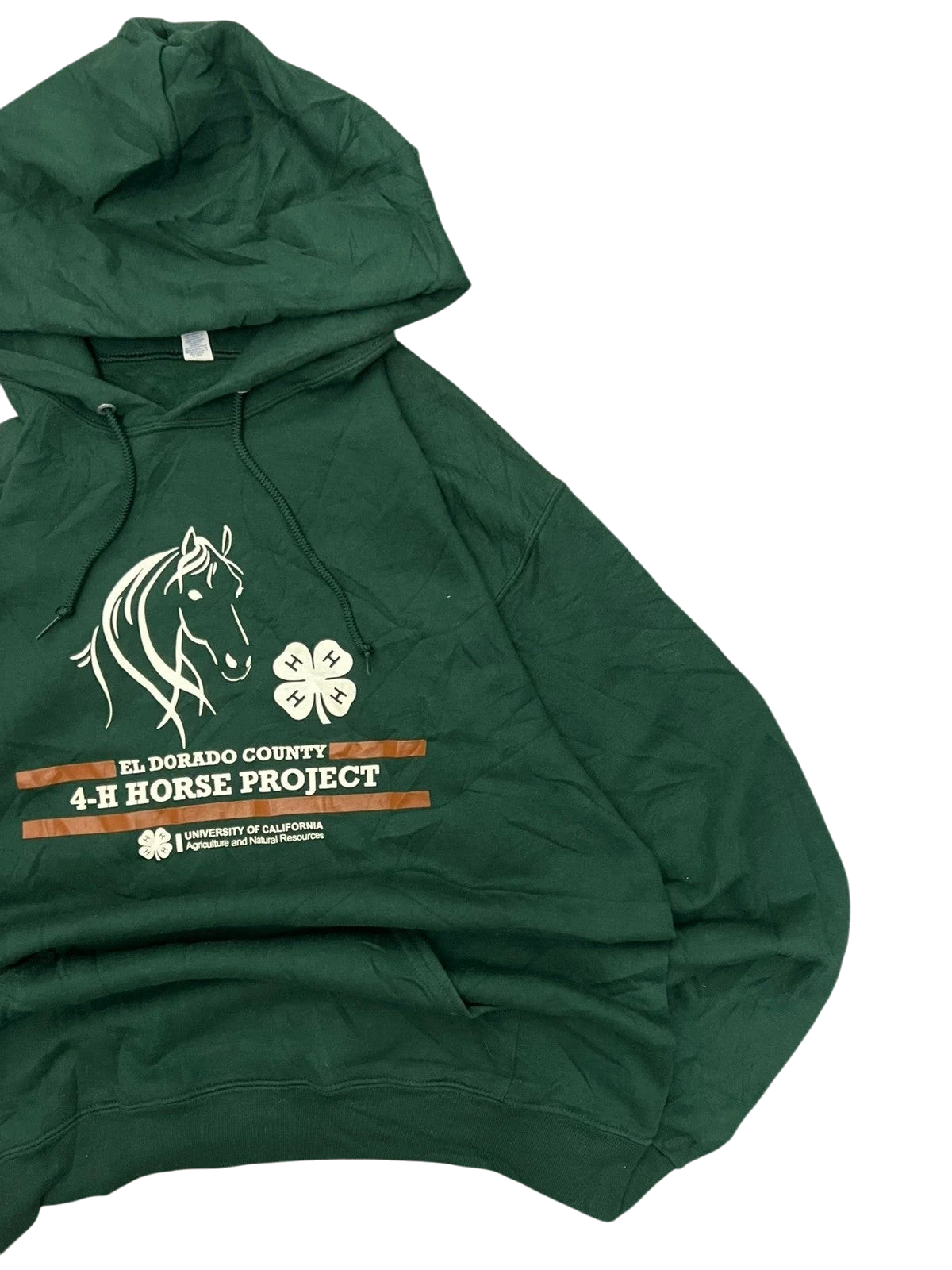 Premier Vintage green pullover hoodie with El Dorado County 4-H Horse Project graphic and horse emblem. Made from soft, durable fabric.