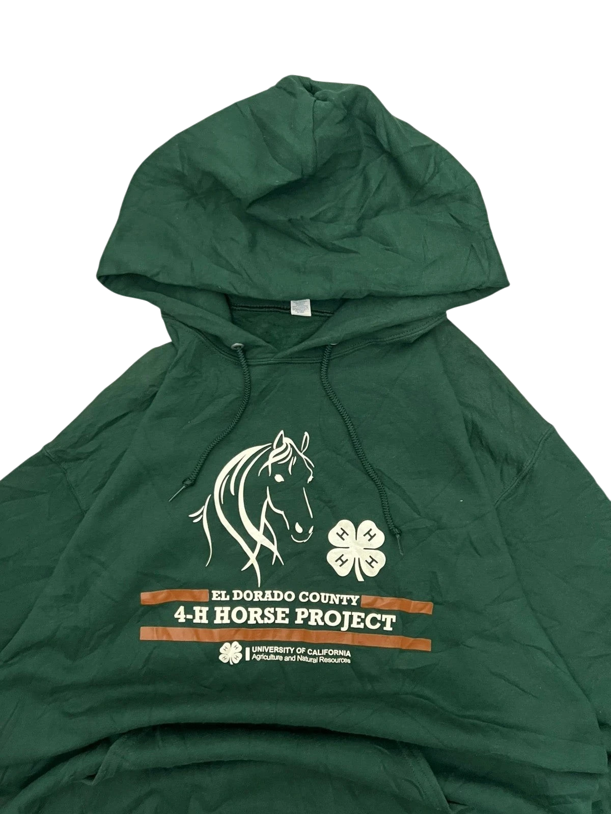 Premier Vintage green cotton hoodie with El Dorado County 4-H Horse Project graphic and horse illustration.