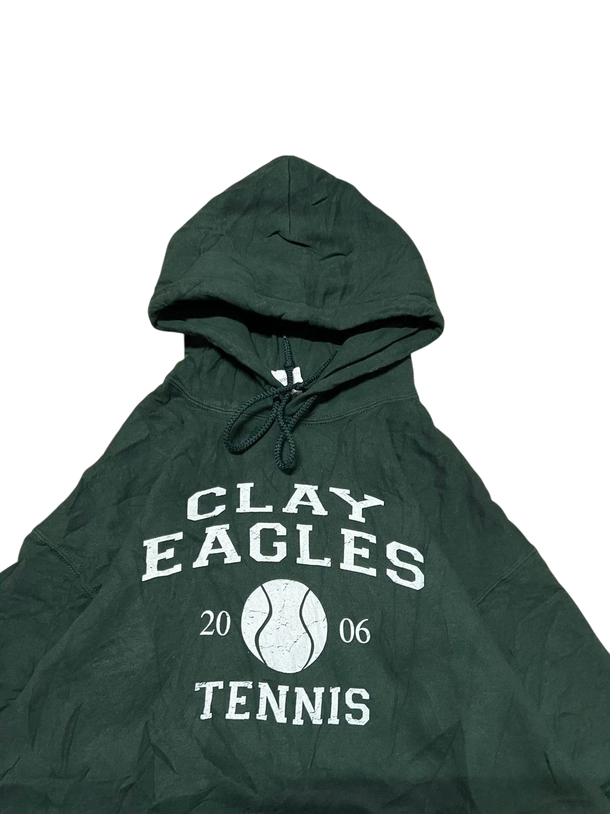 Premier Vintage green cotton-polyester blend hoodie with "CLAY EAGLES 20 06 TENNIS" graphic and tennis ball emblem.