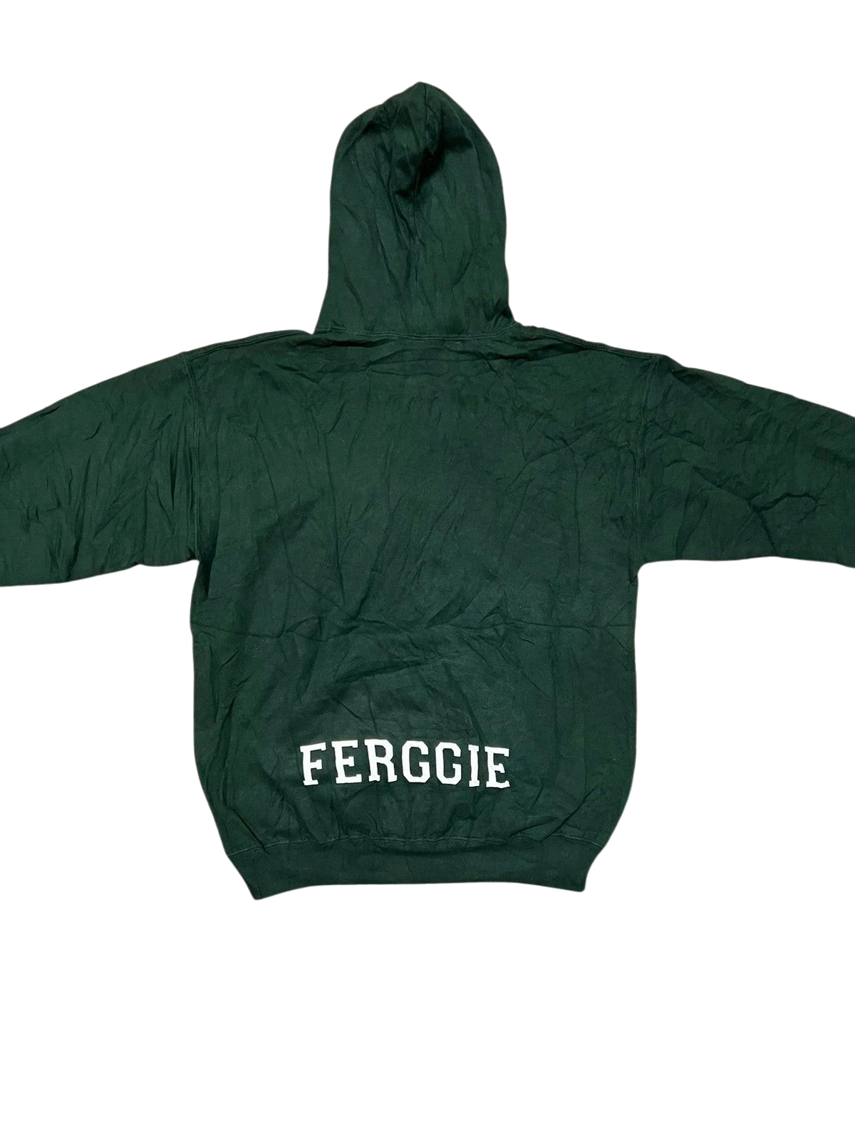 Premier Vintage green cotton-polyester blend hoodie with "FERGGIE" graphic on back. Relaxed fit, athletic style.