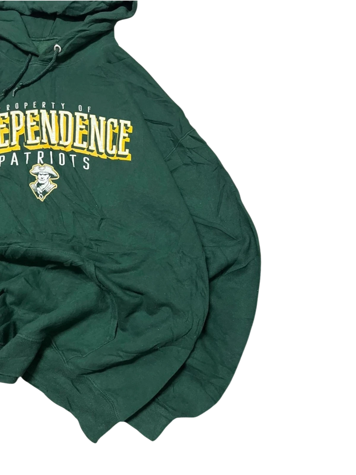 Premier Vintage green cotton blend hoodie with drawstring hood, kangaroo pocket, and bold "Independence Patriots" graphic.