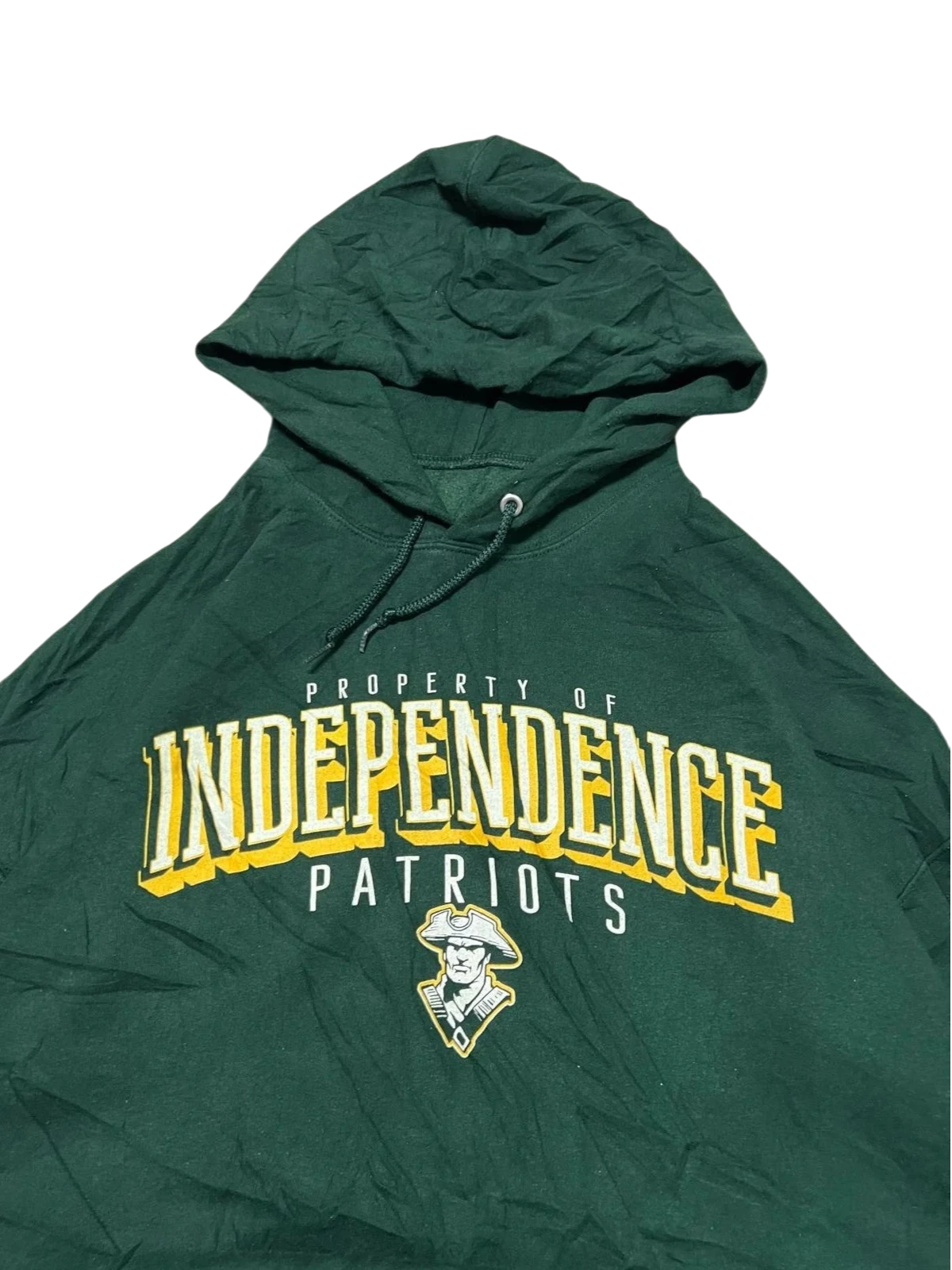 Premier Vintage green cotton blend Independence Patriots graphic hoodie with drawstring hood and kangaroo pocket.