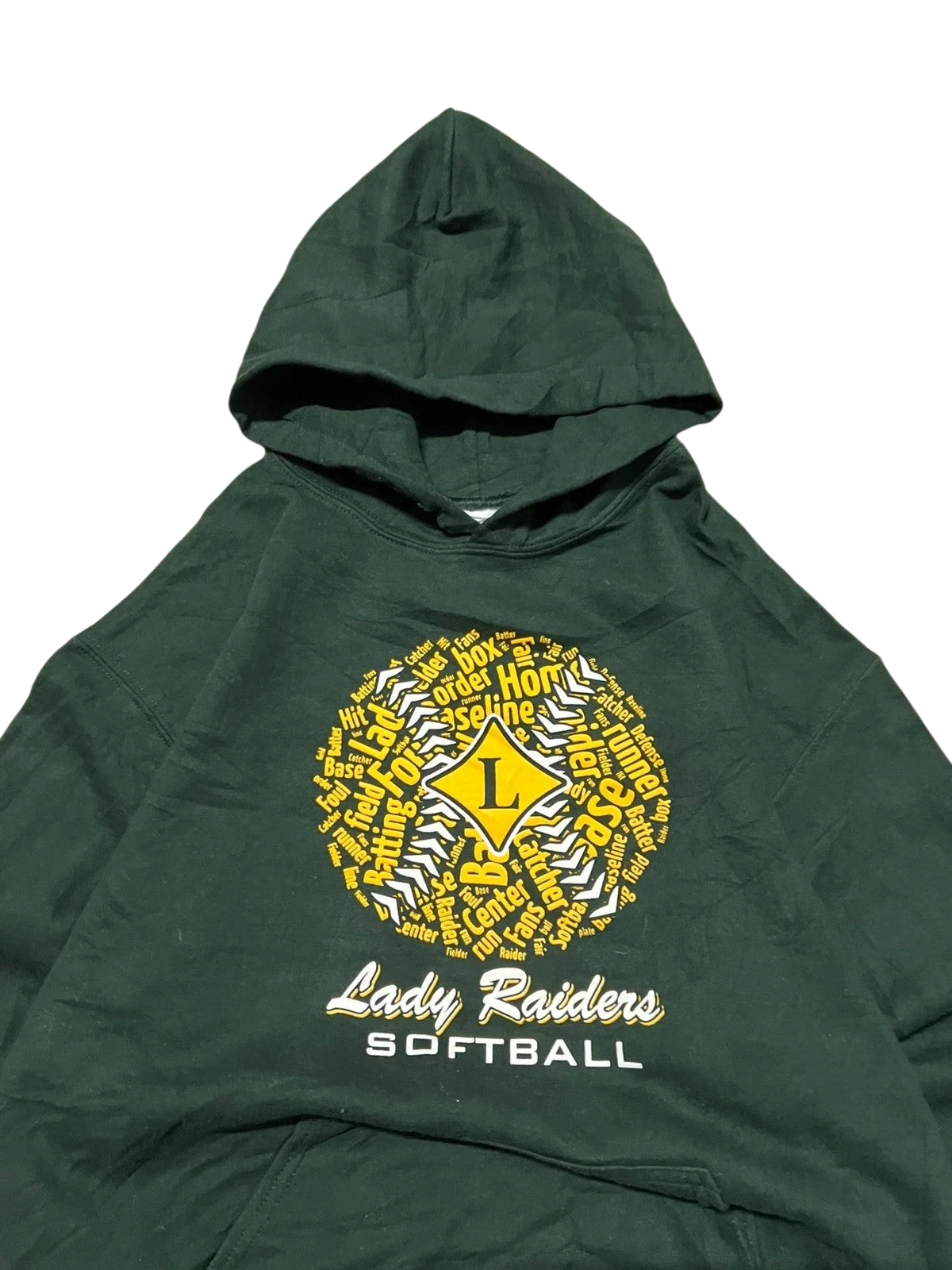 Premier Vintage forest green Lady Raiders Softball graphic hoodie with kangaroo pocket. Features a yellow and white circular graphic with team text.