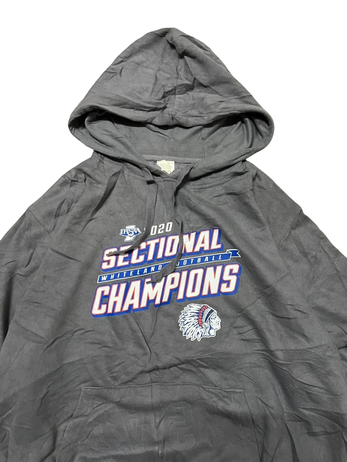 Premier Vintage grey hooded sweatshirt celebrating 2020 Sectional Champions with bold text and team logo. Soft, durable fabric for comfort.