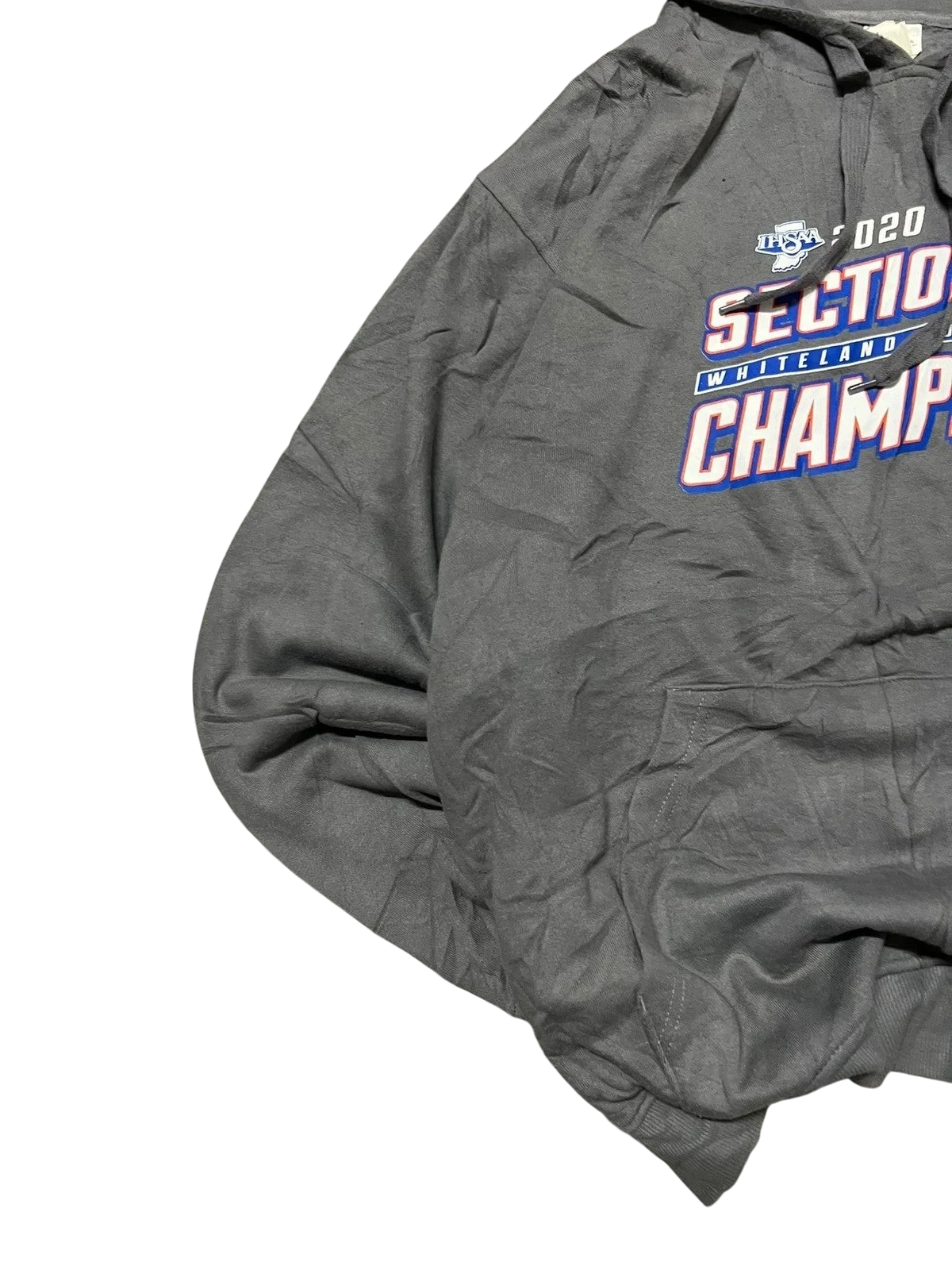 Premier Vintage grey hooded sweatshirt celebrating 2020 Sectional Champions with bold text and team logo. Soft, durable fabric for comfort.