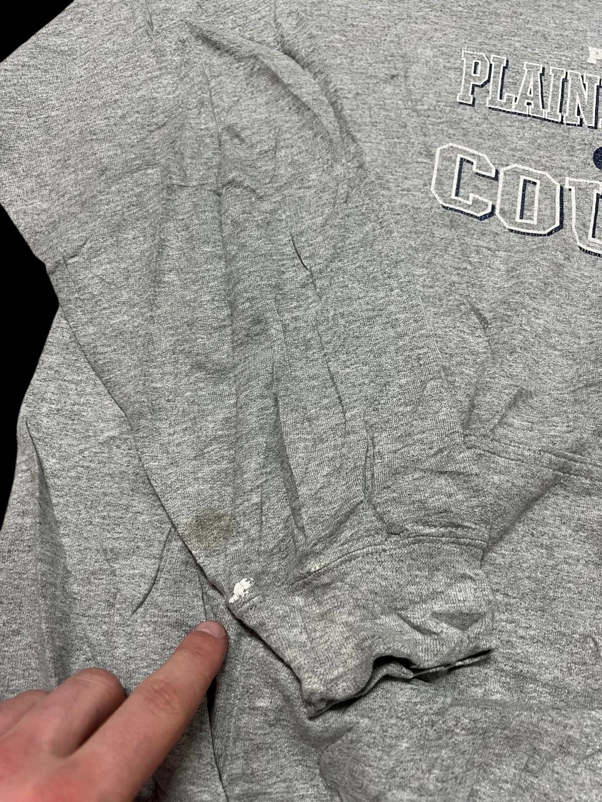 Premier Vintage grey pullover hoodie with "Plainfield South Cougars" graphic and "Est. 2001" detail. Shows minor stains on sleeve.