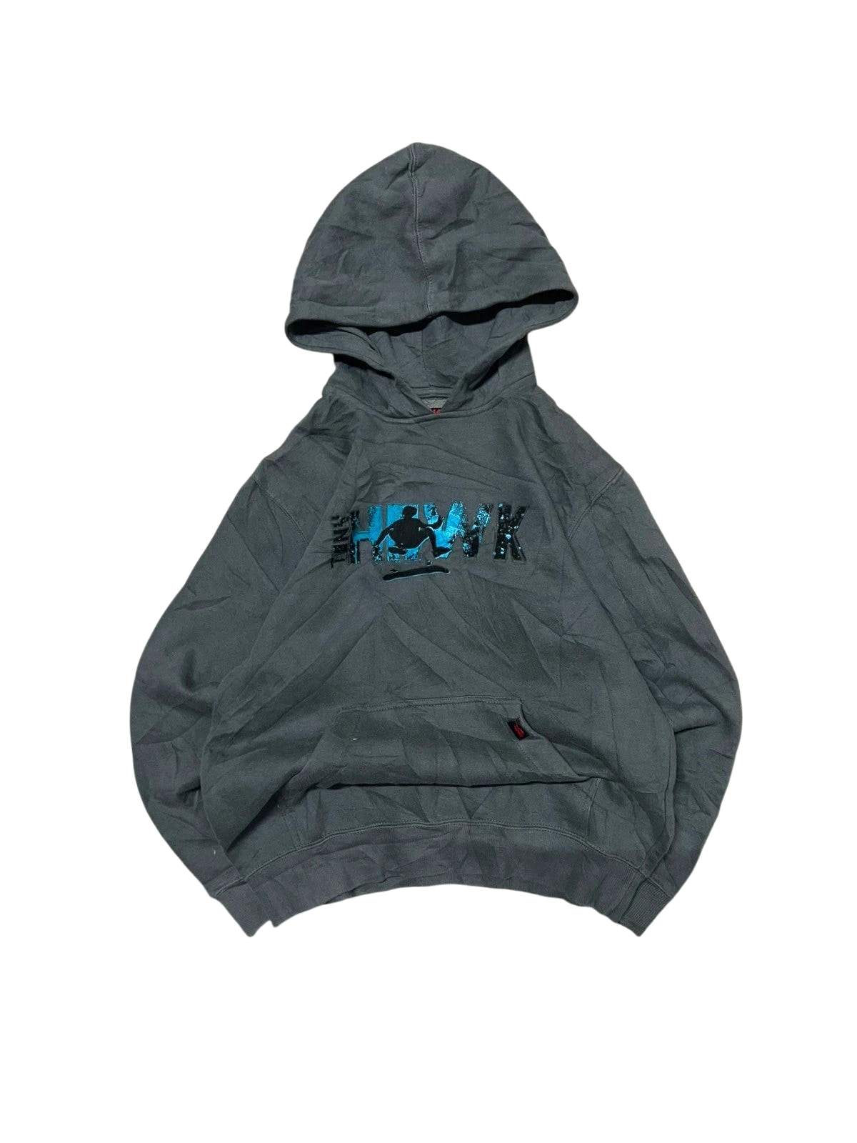 Premier Vintage grey graphic hoodie with "HAWK" text and skateboarder silhouette on chest, kangaroo pocket.