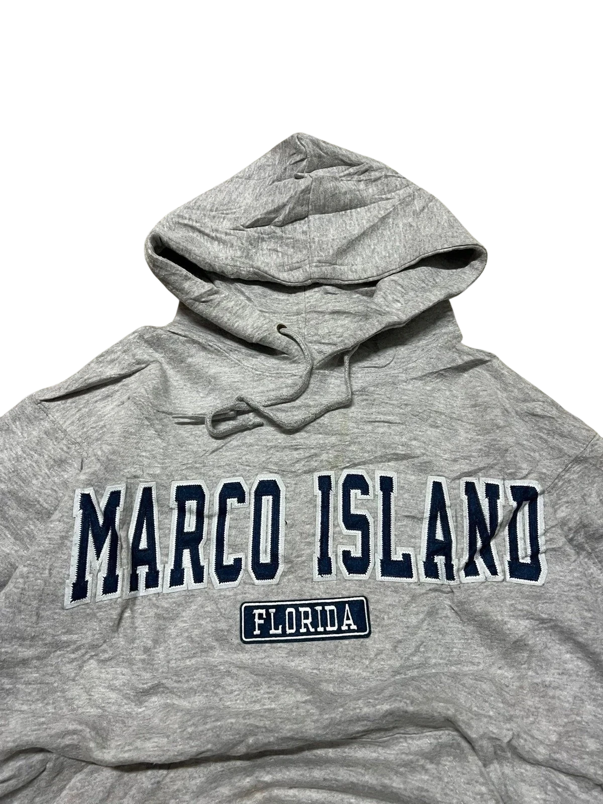 Premier Vintage grey cotton blend hoodie with "MARCO ISLAND FLORIDA" graphic. Features drawstring hood and relaxed fit.