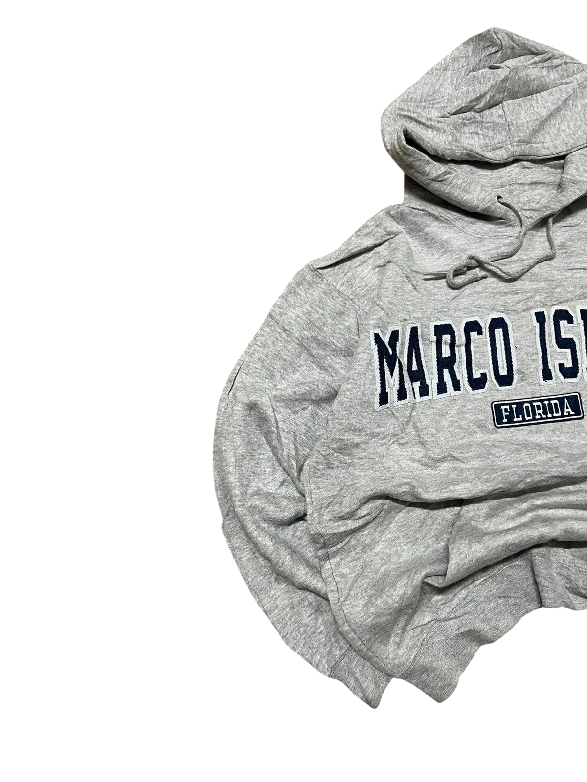 Premier Vintage grey cotton blend hoodie with "MARCO ISLAND FLORIDA" graphic, drawstring hood, and ribbed cuffs.