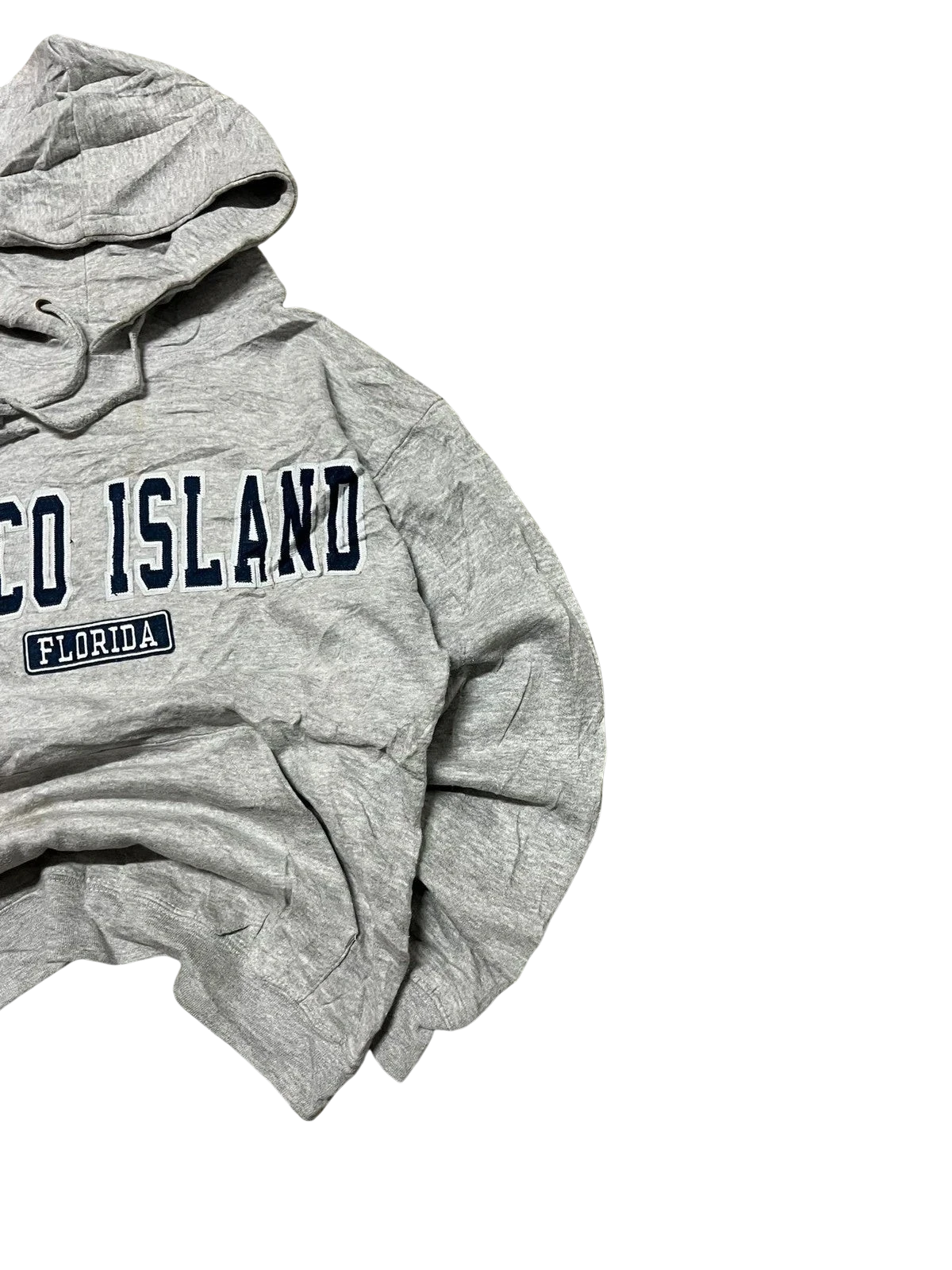 Premier Vintage grey cotton blend hoodie with "MARCO ISLAND FLORIDA" graphic print, drawstring hood, and ribbed cuffs.