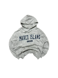 Premier Vintage grey cotton blend hoodie with "MARCO ISLAND FLORIDA" graphic print, drawstring hood, and ribbed cuffs.