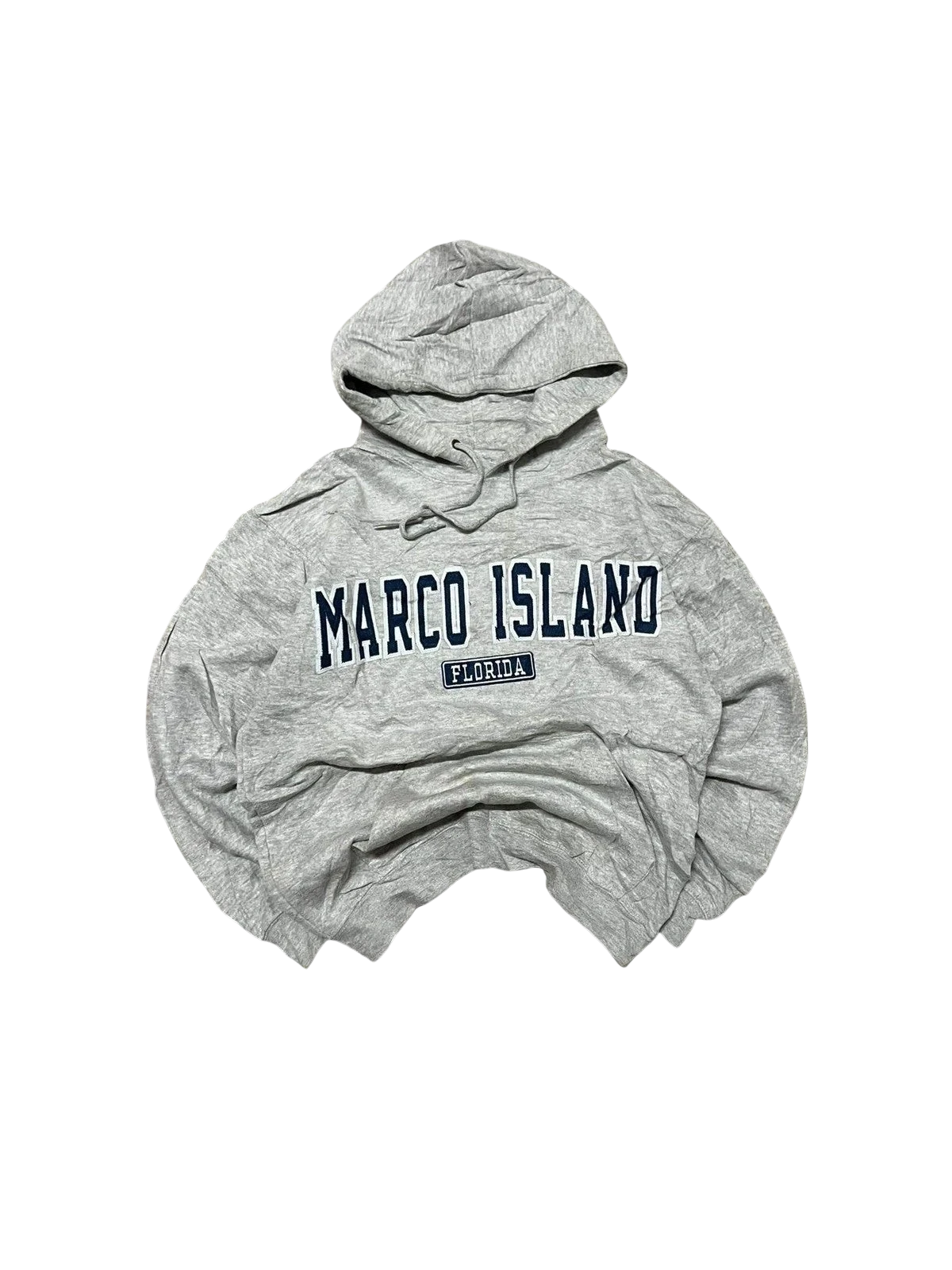Premier Vintage grey cotton blend hoodie with "MARCO ISLAND FLORIDA" graphic print, drawstring hood, and ribbed cuffs.